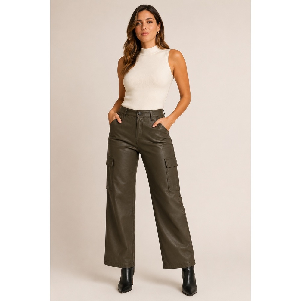 TGLA Women's 7/28 Olive Green Vegan Faux Leather Cargo Pants Straight Leg